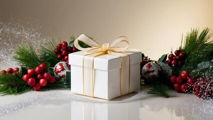 Elegant gift box with golden ribbon and festive decorations