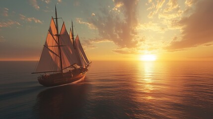 Fototapeta premium yacht sailing into the horizon with the setting sun, golden light