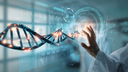 Doctors Utilize Virtual AI Interfaces for DNA Molecule and Chromosome Genetics Analysis in Biotechnology and Modern Medical Science