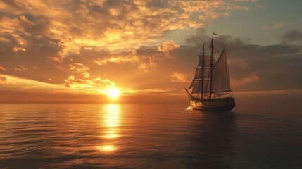 Fototapeta premium yacht sailing into the horizon with the setting sun, golden light
