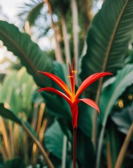 Vibrant Red Tropical Flower in Lush Foliage