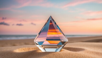Crystal prism reflecting sunset colors on beach with vivid sky