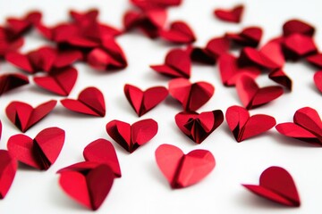 A collection of red paper hearts arranged on a white surface