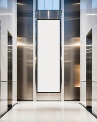 Spacious elevator lobby with blank vertical poster frame and illuminated surroundings in a modern building