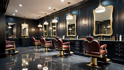 Luxury Barbershop Interior with Red Leather Chairs, Elegant Mirrors, and Dark Wall Paneling

