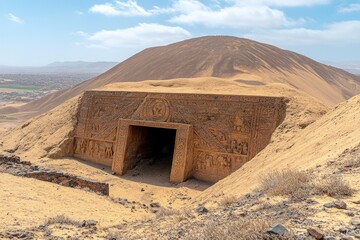 Intricate sandstone carvings erode over time in desert landscape at ancient monument site