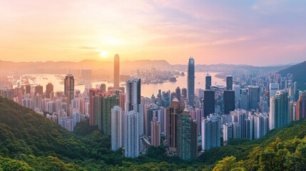 Fototapeta premium Hong Kong cityscape at sunrise, panoramic view from Victoria Peak