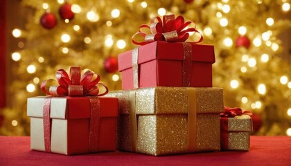 Obraz premium A tower of festive gift boxes with glittering ornaments, accented by warm golden lights on a red background.