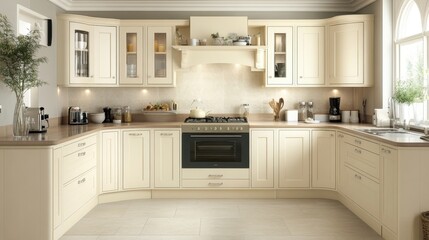 Elegant Cream Kitchen With Curved Island And Modern Appliances