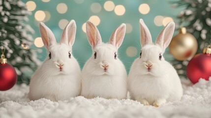 Obraz premium Three adorable white bunnies sit together on snow, surrounded by festive decorations and a shimmering holiday backdrop.