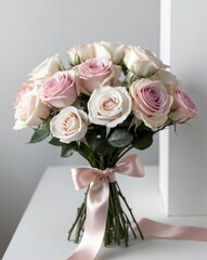 Obraz premium A bouquet of pink and white roses is tied with a pink ribbon