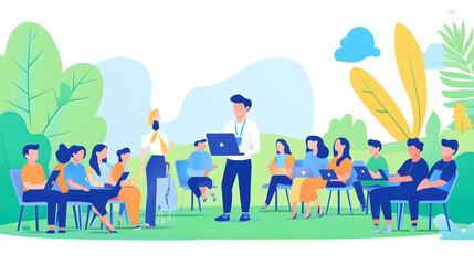 A group of people are sitting outdoors on chairs, using laptops. Two facilitators are presenting, creating a vibrant and collaborative learning environment.