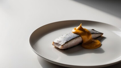 A piece of fish with a sauce on top of it