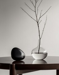 A table with a black rock and a tree in a vase