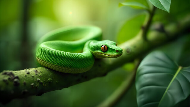 Green Tree Python in Tropical Habitat