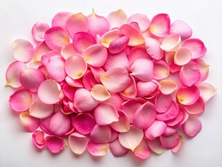 Obraz premium Elegant arrangement of realistic pink rose petals on a white background, perfect for enhancing architectural photography and design projects with a touch of sophistication.