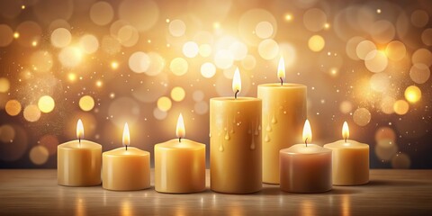 Elegant beige wax candles featuring a dreamy bokeh effect, perfect for romantic wedding decor. Ideal for enhancing reception ambiance and inspiring event design.