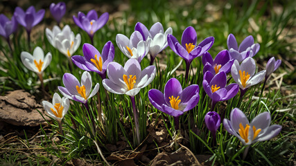 A cluster of purple crocus flowers with orange centers in full bloom, basking in sunlight and symbolizing early spring beauty.
