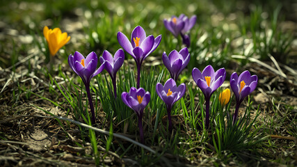 Purple Crocuses Blooming in Spring Sunlight
