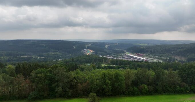 Aerial drone video of race track in the belgian ardennes at Spa, Belgium. Motorsports icon.