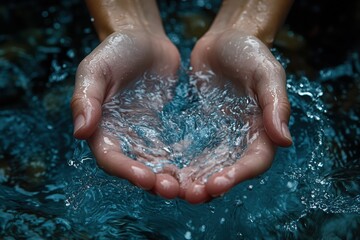 Fototapeta premium Hands cupping clear water from a serene sea under bright sunlight