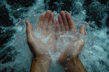 Fototapeta premium Hands gather pure sea water against a natural backdrop of splashing waves