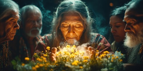 Tribal elders conduct a healing ceremony with medicinal plants under candlelight at dusk