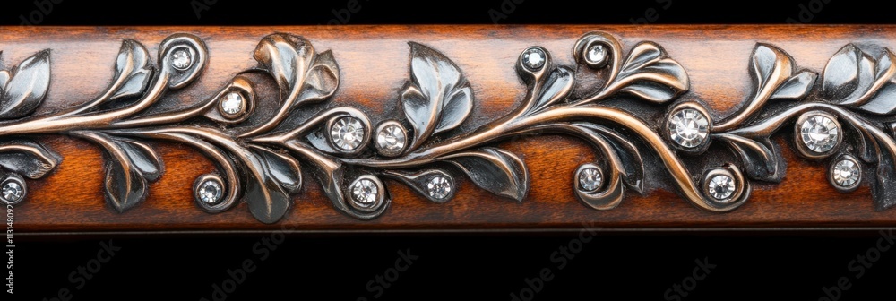 Poster intricate inlay design adorned with sparkling rhinestones on a wooden surface