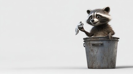 Cartoon raccoon inside a metal trash can, holding a tissue.