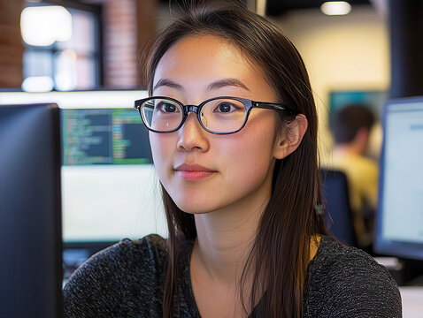 Close up of female programmer coding in collaborative workspace, focused and engaged with her computer screen. environment is modern and tech oriented, showcasing her dedication