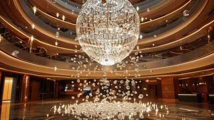 Obraz premium Grand lobby with large crystal chandelier and cascading crystals.