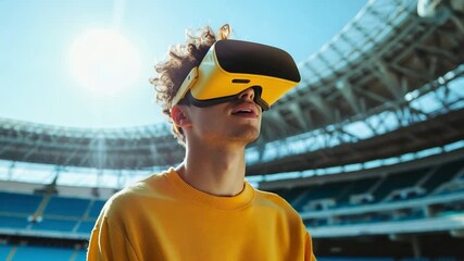 Virtual sports and gaming. Young man in vr goggles experiences augmented reality technology wih excited expression inside a modern stadium