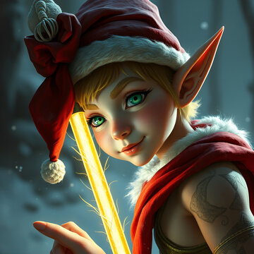 Christmas elf working for Santa Claus with glowing blue eyes pointy ears and red tied hat