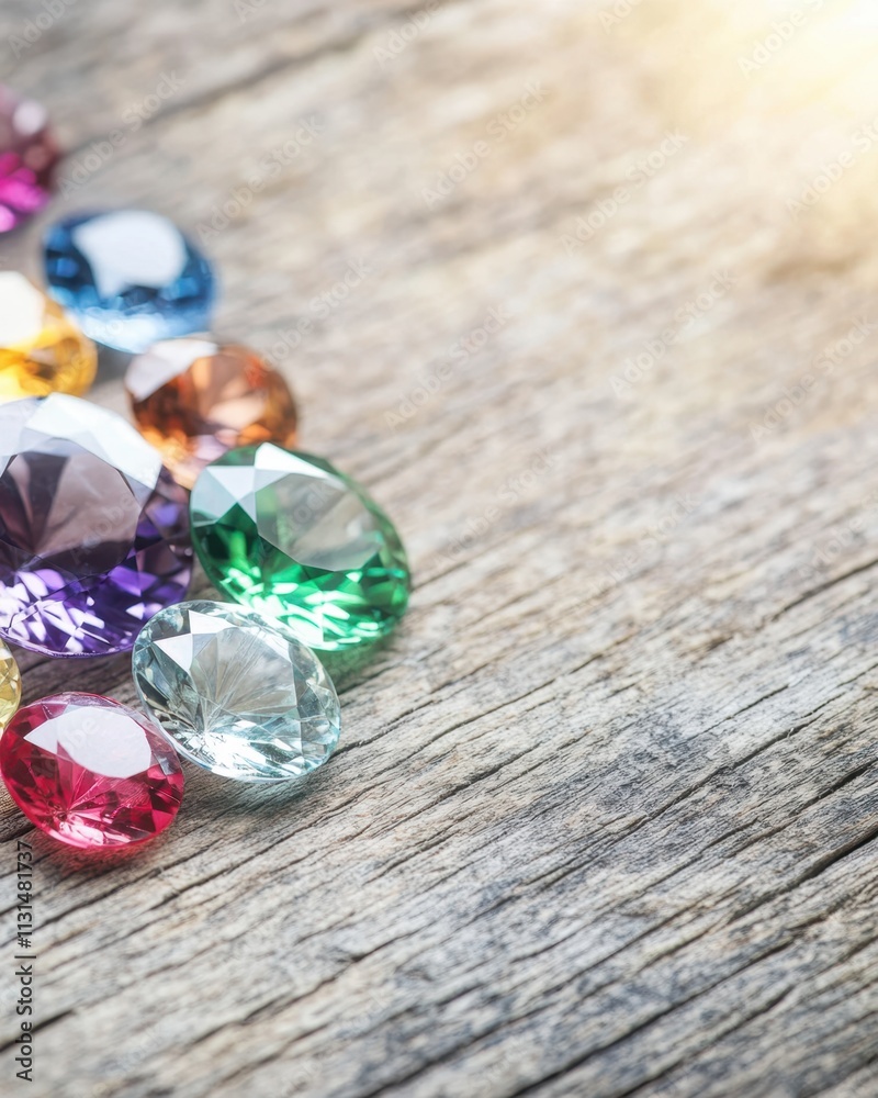 Poster colorful array of precious stones on rustic wooden surface showcasing their brilliance