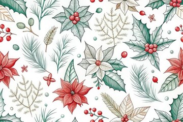 Fototapeta premium Elegant Christmas pattern featuring holly and poinsettia in contour line art style, perfect for holiday wallpaper and unique wrapping paper designs to celebrate the season's spirit.