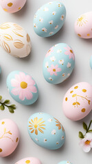 Fototapeta premium Pastel Easter eggs with flowers and gold accents add a festive touch to spring celebrations