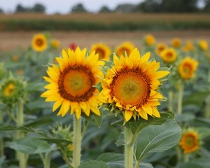 Fototapeta premium Two sunflowers close up with field of blurred plants behind.