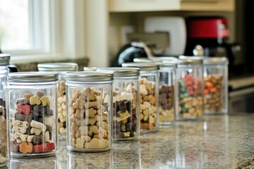 A collection of jars filled with various types of food