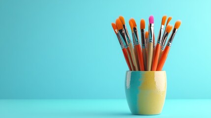 Colorful paintbrushes in a yellow and blue holder against a light blue background.