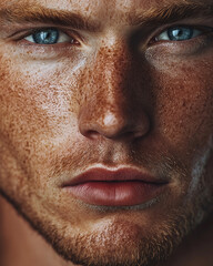 Fototapeta premium Close-up portrait of a young man with striking features and captivating blue eyes.