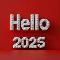 Happy New Year white text "Hello 2025" on a red background. 