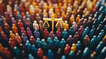Obraz premium Golden scales of justice surrounded by diverse crowd.
