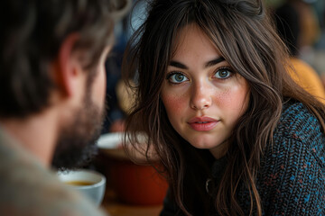 A man and a woman sitting at a table looking at each other