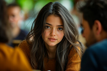 A woman sitting at a table with a pen in her hand