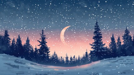 Fototapeta premium Snowy winter night scene with crescent moon and snow falling over pine forest.