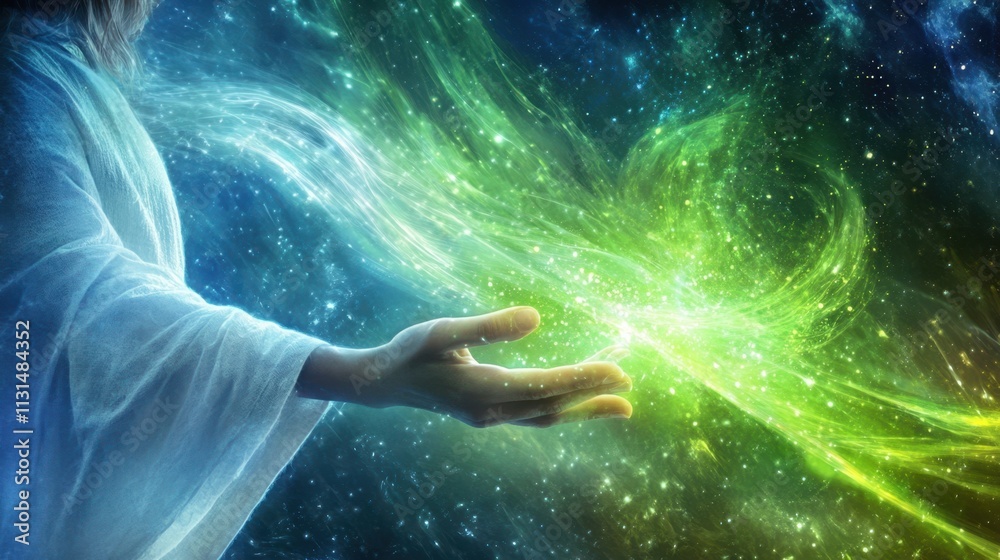Poster creating cosmic energy with an open hand amidst the vast universe