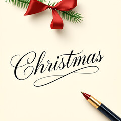 Christmas signature in cursive with mistletoe and red bow cloth