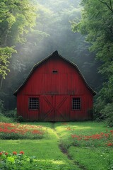 Obraz premium A rustic red barn standing in a bright and colorful field of flowers, suitable for rural or countryside themed projects