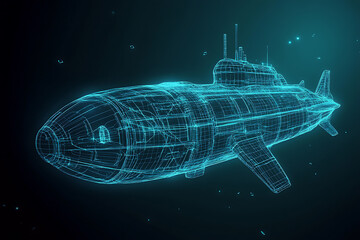 Fototapeta premium A glowing wireframe rendering of a bathyscaphe or submarine on a translucent background, featuring intricate futuristic details and highlighted by blue and black data points.