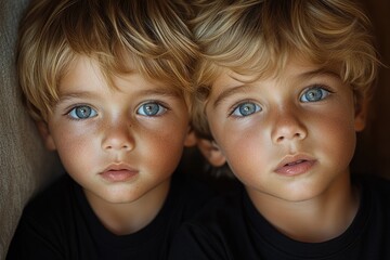 Two youthful boys looking directly into the lens, their bright blue eyes captivating